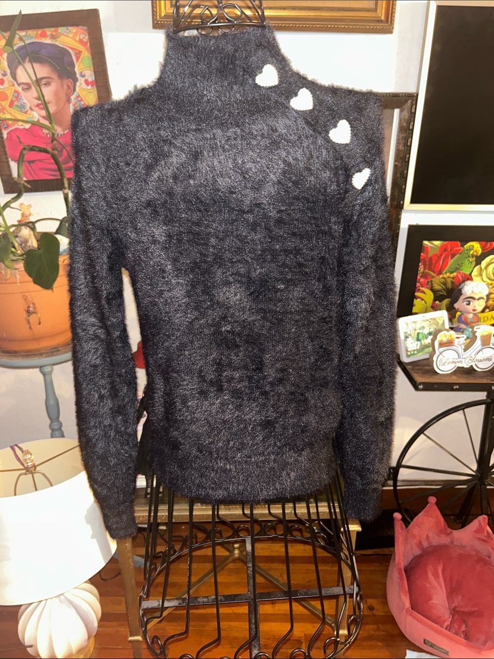 Zara Black Fuzzy Mock Neck Sweater with White Heart Accents